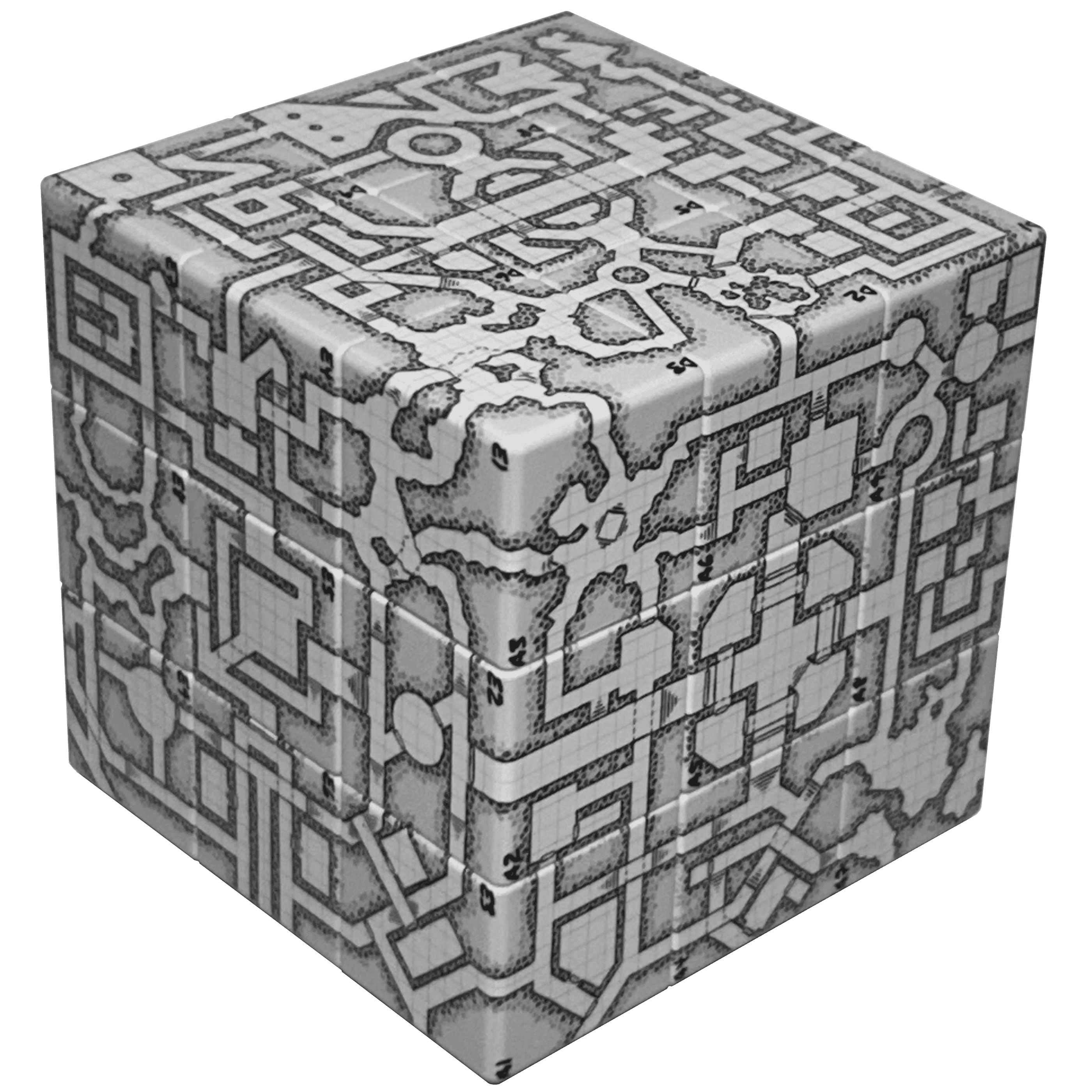 Evermorph Dungeon cube with rooms and corridors across three visible faces.