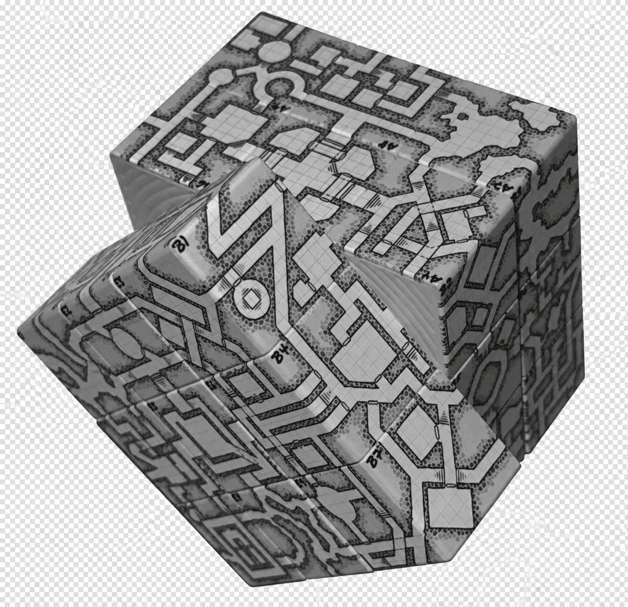 Evermorph Dungeon cube with one face partway through a turn, showing the map tiles moving together.